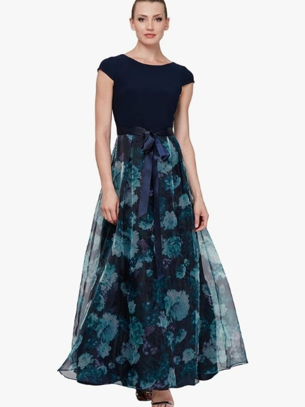SLNY Navy and Teal Floral Maxi Dress with Satin Waist Tie #135#